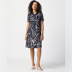 JOSEPH RIBKOFF Abstract Print Shirt Dress Size 12 Navy White Aline Travel